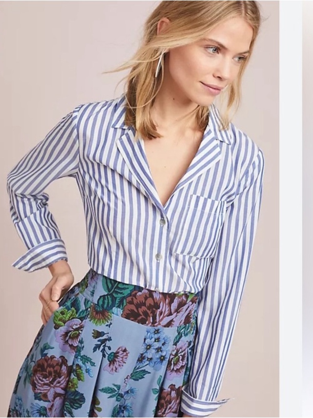 Striped Blue and White Button-Front Crop Shirt - Women